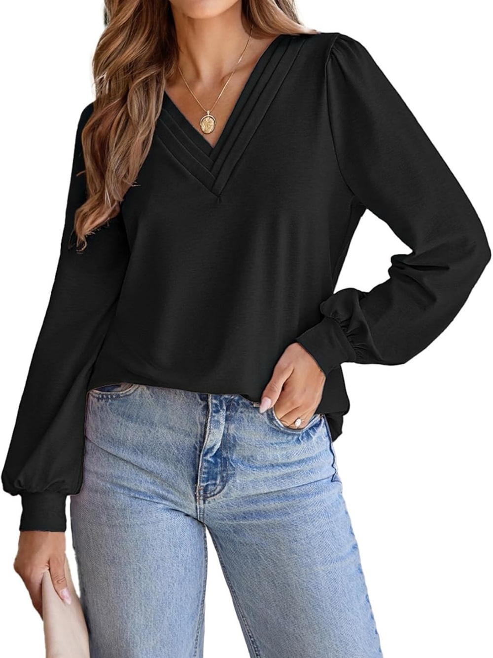 Women's V-Neck Long Sleeve Blouse - Black